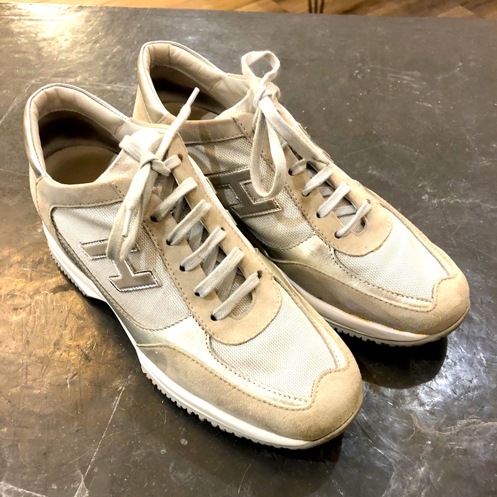 White & Silver Hidden Platform Hogan Sneak, Italy